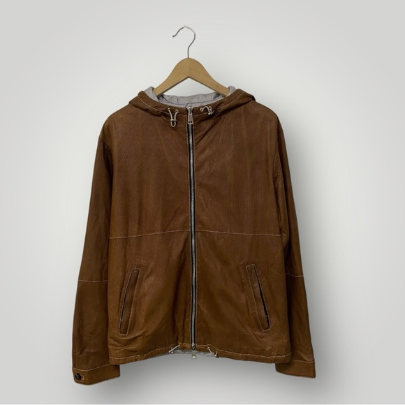 Suprema Laboratorio Creativo Medium Brown Perforated Leather Hooded Jacket Sz M - Picture 1 of 14